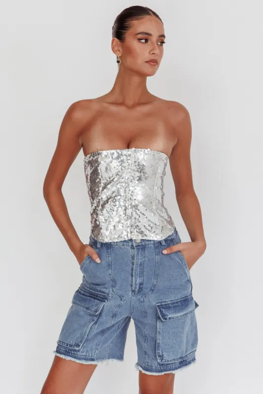 Belgium Strapless Lace-Up Back Top Sequin Silver sold by Selfie Leslie