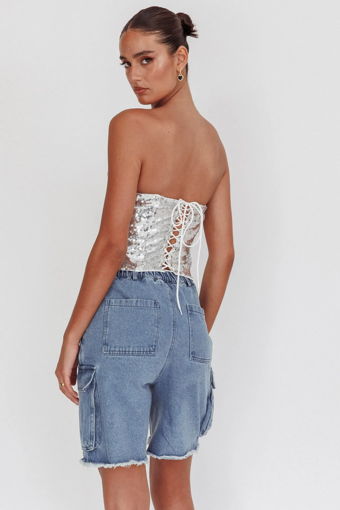 Belgium Strapless Lace-Up Back Top Sequin Silver sold by Selfie Leslie product image thumbnail 2