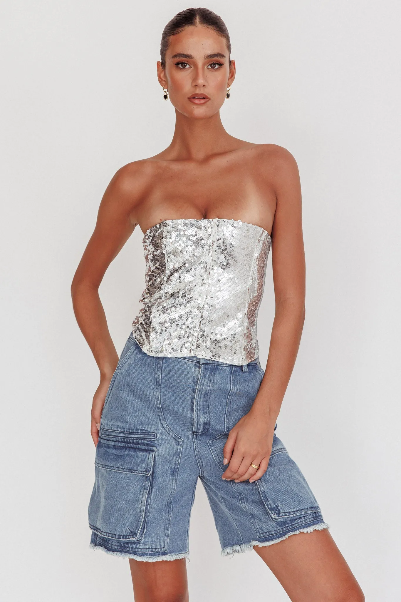 Belgium Strapless Lace-Up Back Top Sequin Silver sold by Selfie Leslie product image thumbnail 5