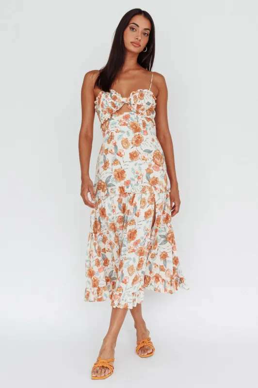 Everglow Shirred Bust Midi Dress Floral Beige sold by Selfie Leslie