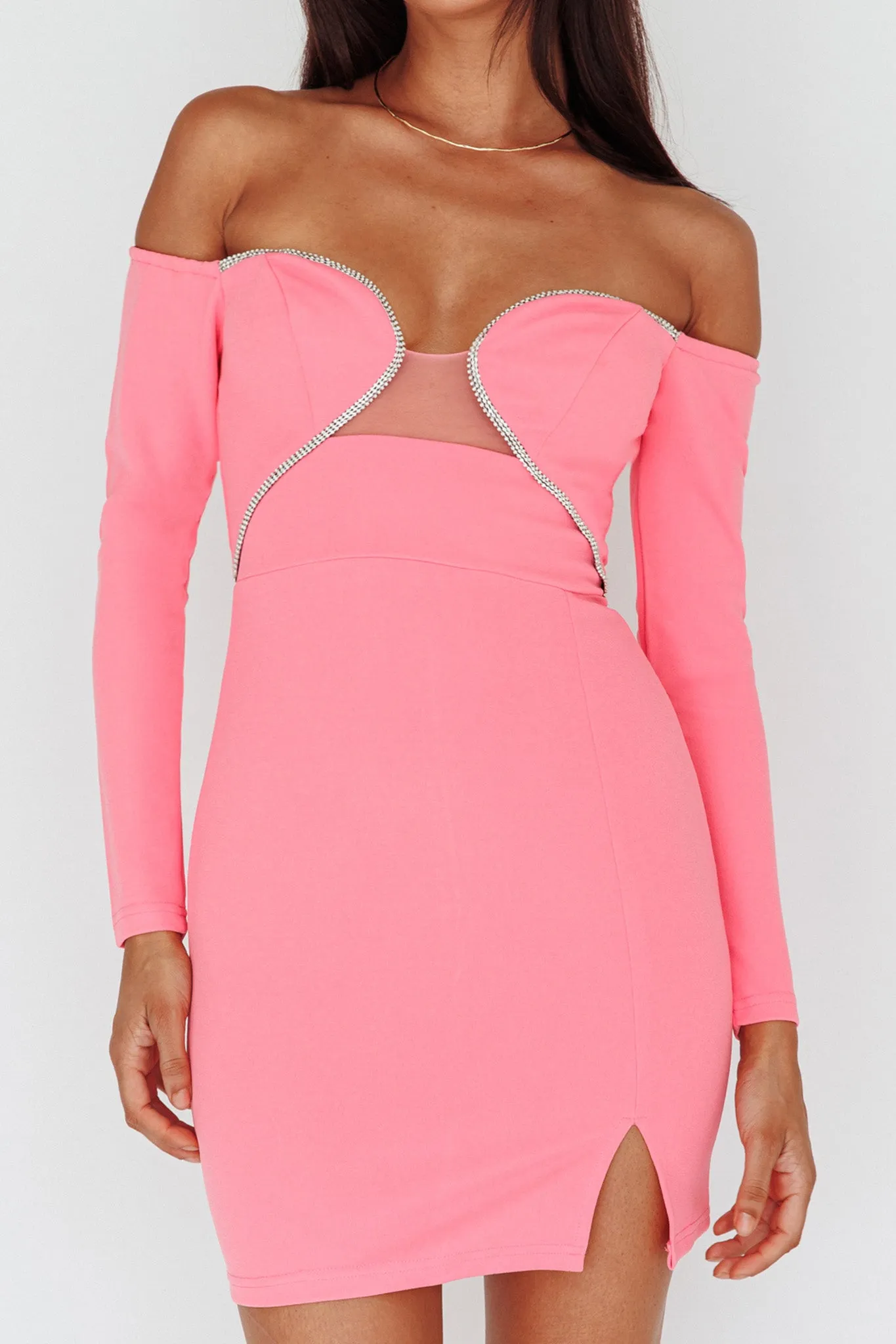 A-List Diamante Trim Long Sleeve Mini Dress Hot Pink sold by Selfie Leslie product image thumbnail 4
