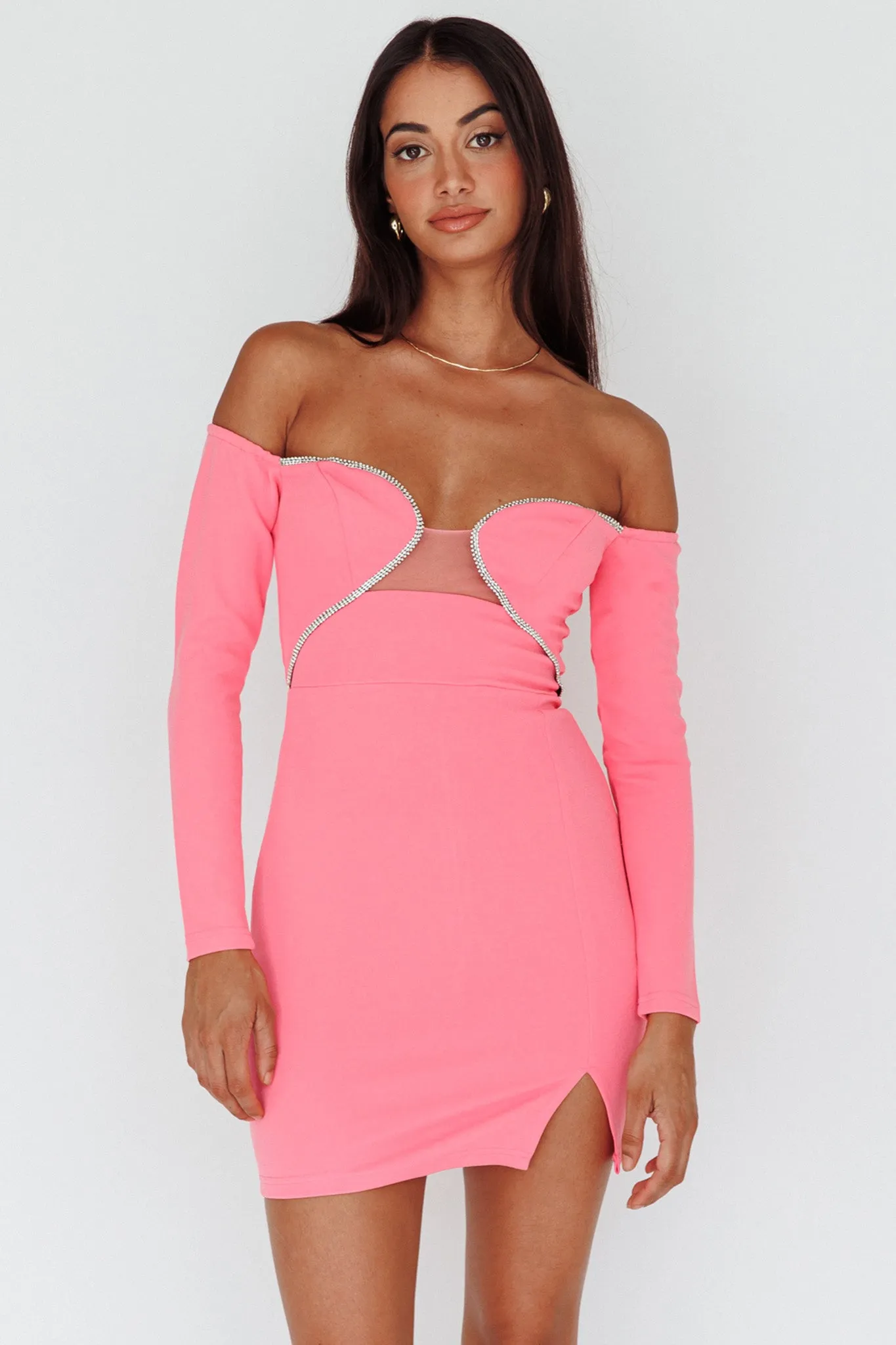 A-List Diamante Trim Long Sleeve Mini Dress Hot Pink sold by Selfie Leslie product image thumbnail 5
