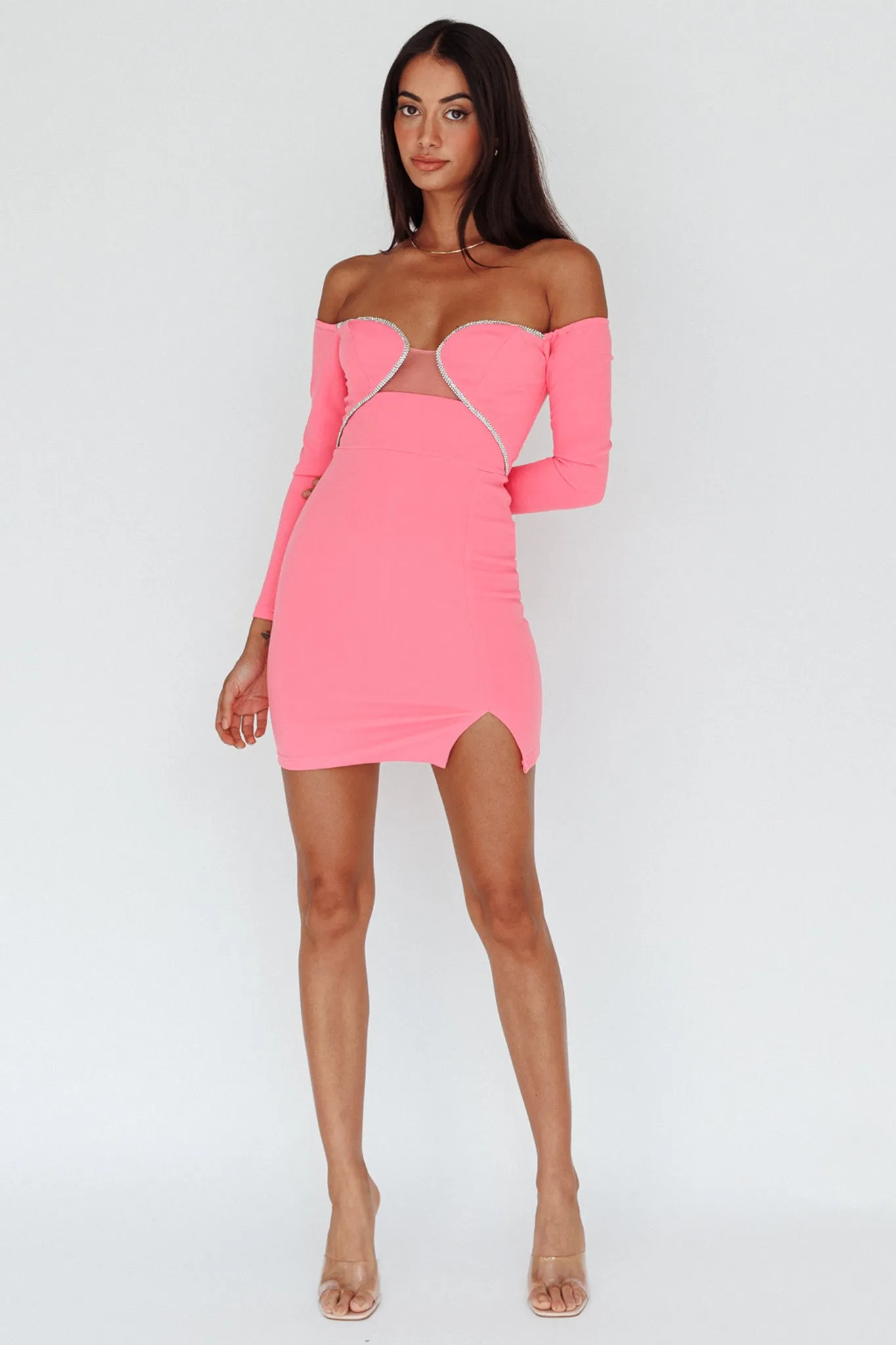 A-List Diamante Trim Long Sleeve Mini Dress Hot Pink sold by Selfie Leslie product image thumbnail 3