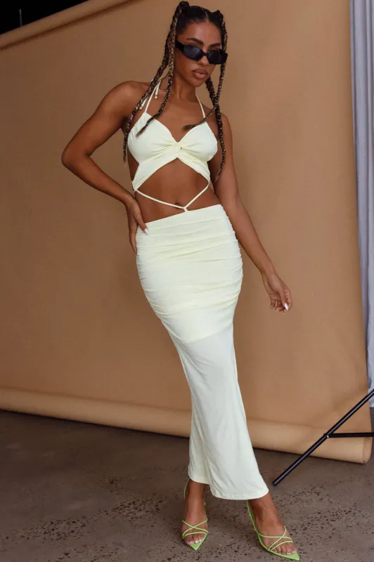 Sawyer Halterneck Strappy Back Ruched Midi Dress Lemon sold by Selfie Leslie