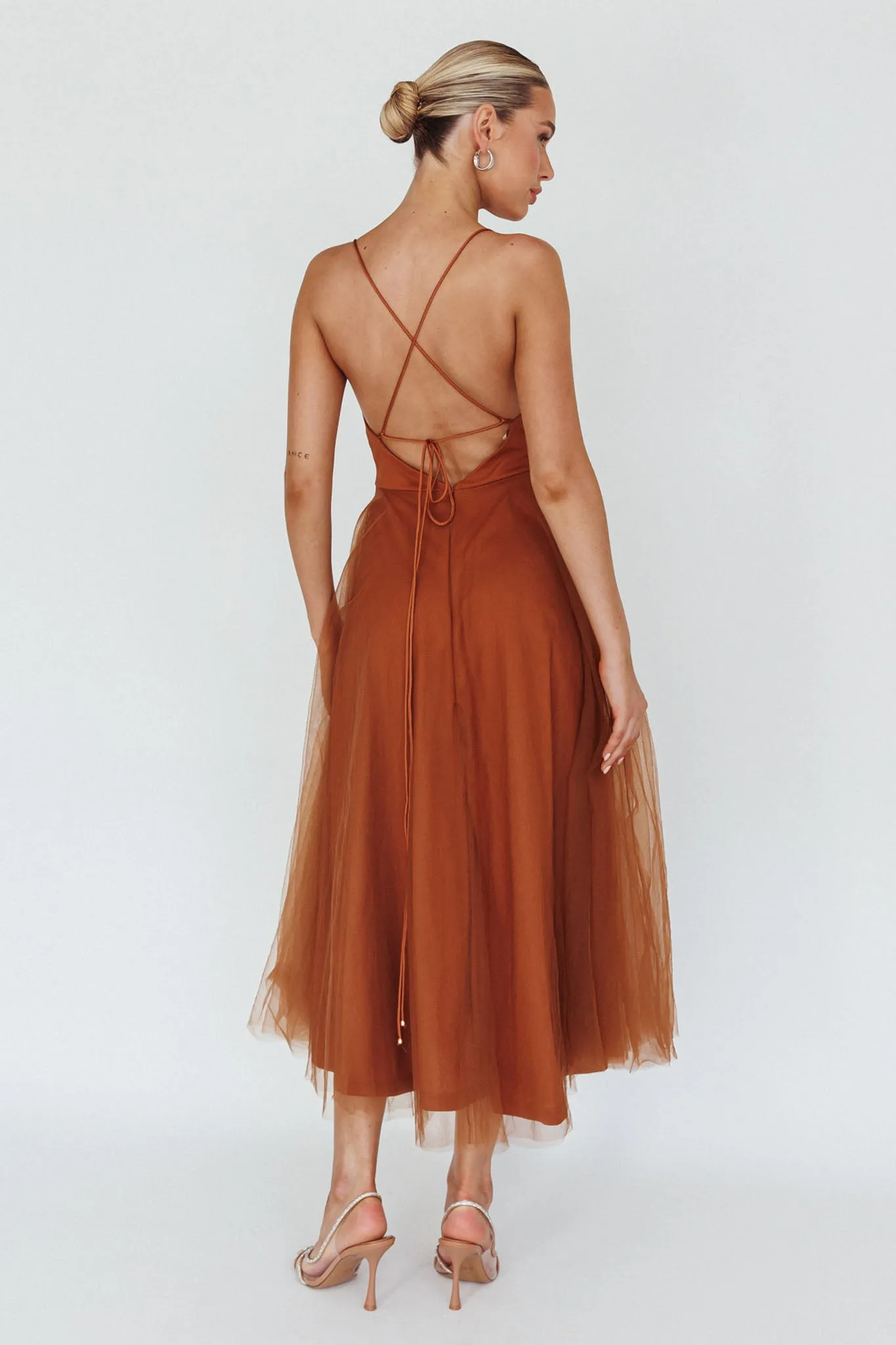 Floating By Pleated Neckline Mesh Midi Dress Brown sold by Selfie Leslie product image thumbnail 2