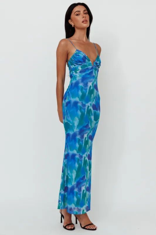 Marrakesh Gathered Bust Maxi Dress Print Blue sold by Selfie Leslie