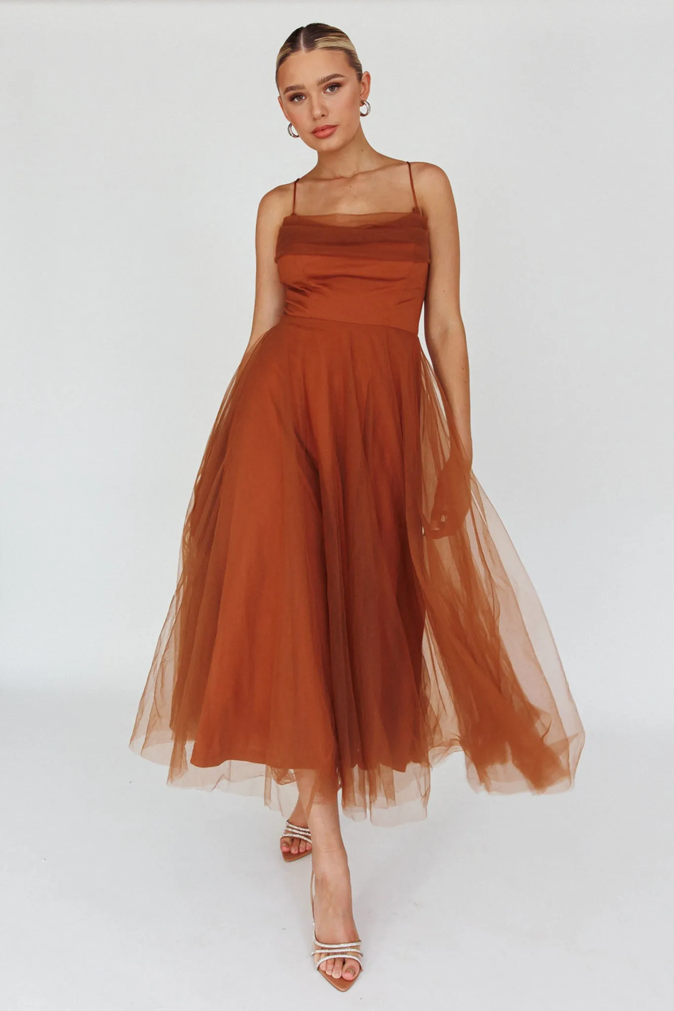 Floating By Pleated Neckline Mesh Midi Dress Brown sold by Selfie Leslie