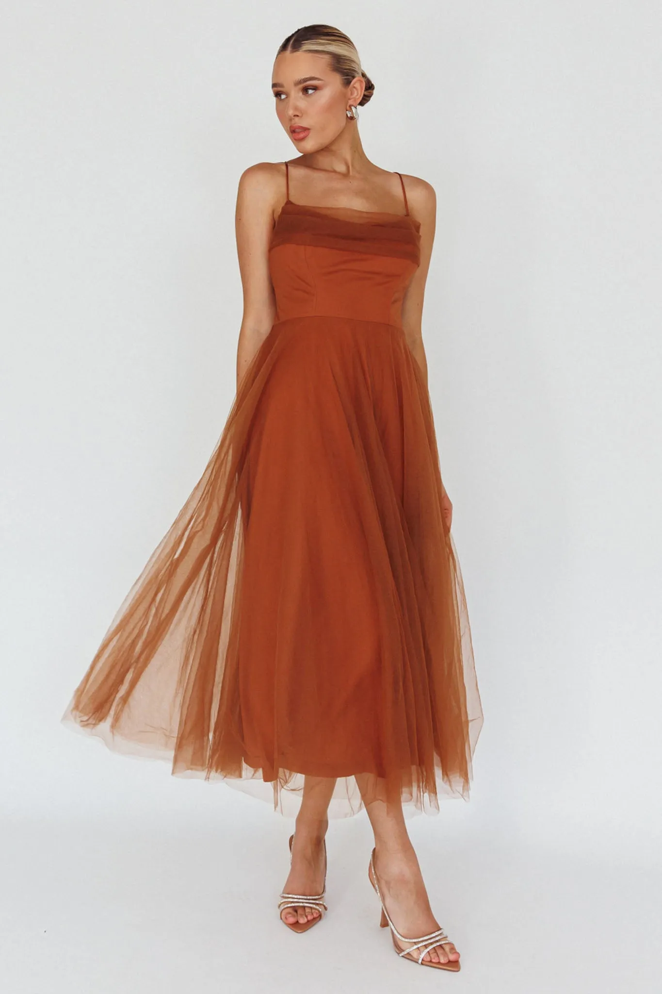 Floating By Pleated Neckline Mesh Midi Dress Brown sold by Selfie Leslie product image thumbnail 5