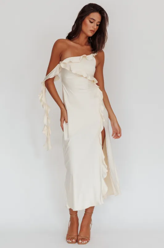 Like Yesterday Satin Ruffle Midi Dress Butter sold by Selfie Leslie