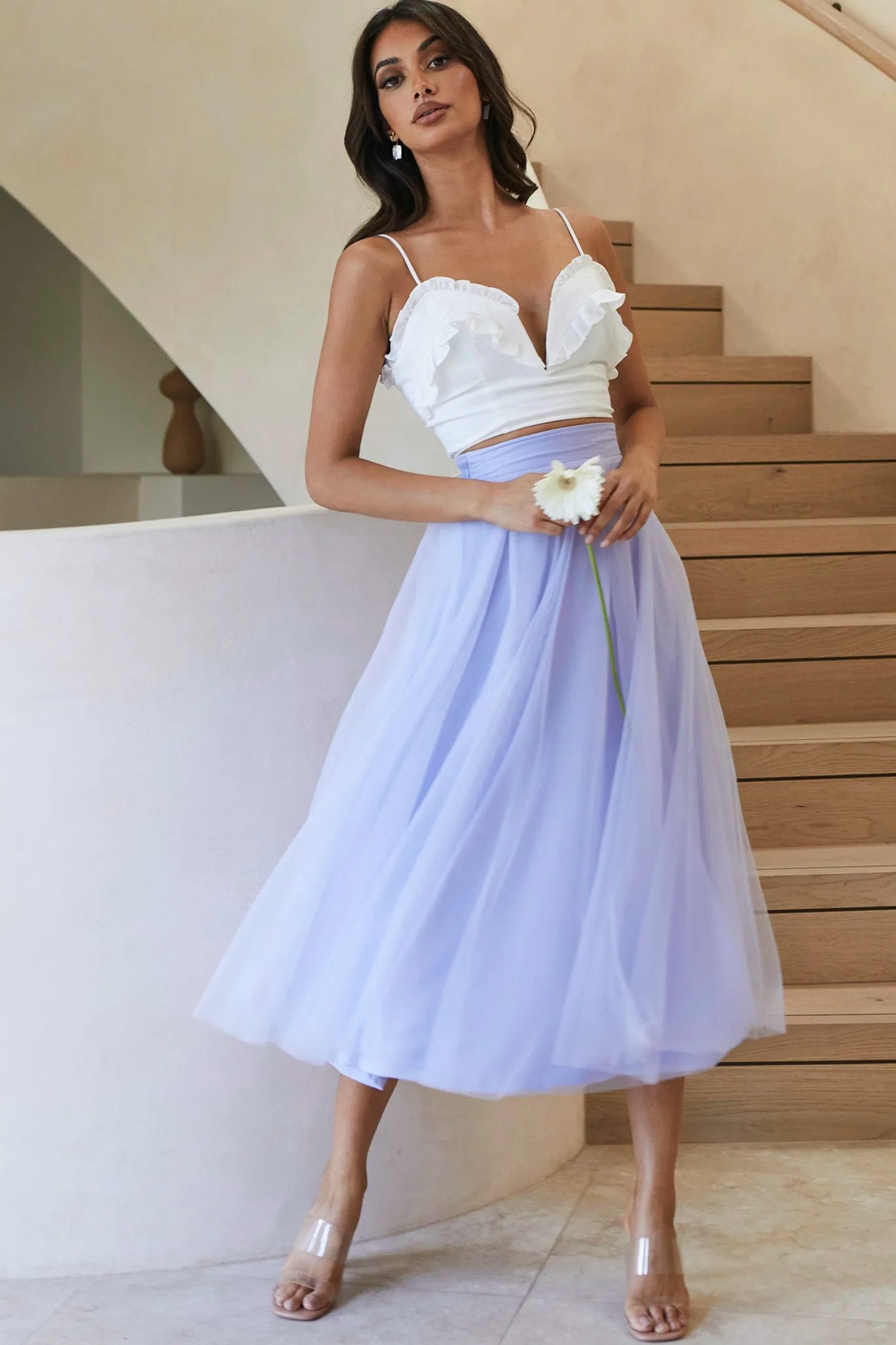 Jasmine Organza Mesh Elasticated Waist Midi Skirt Lavender sold by Selfie Leslie