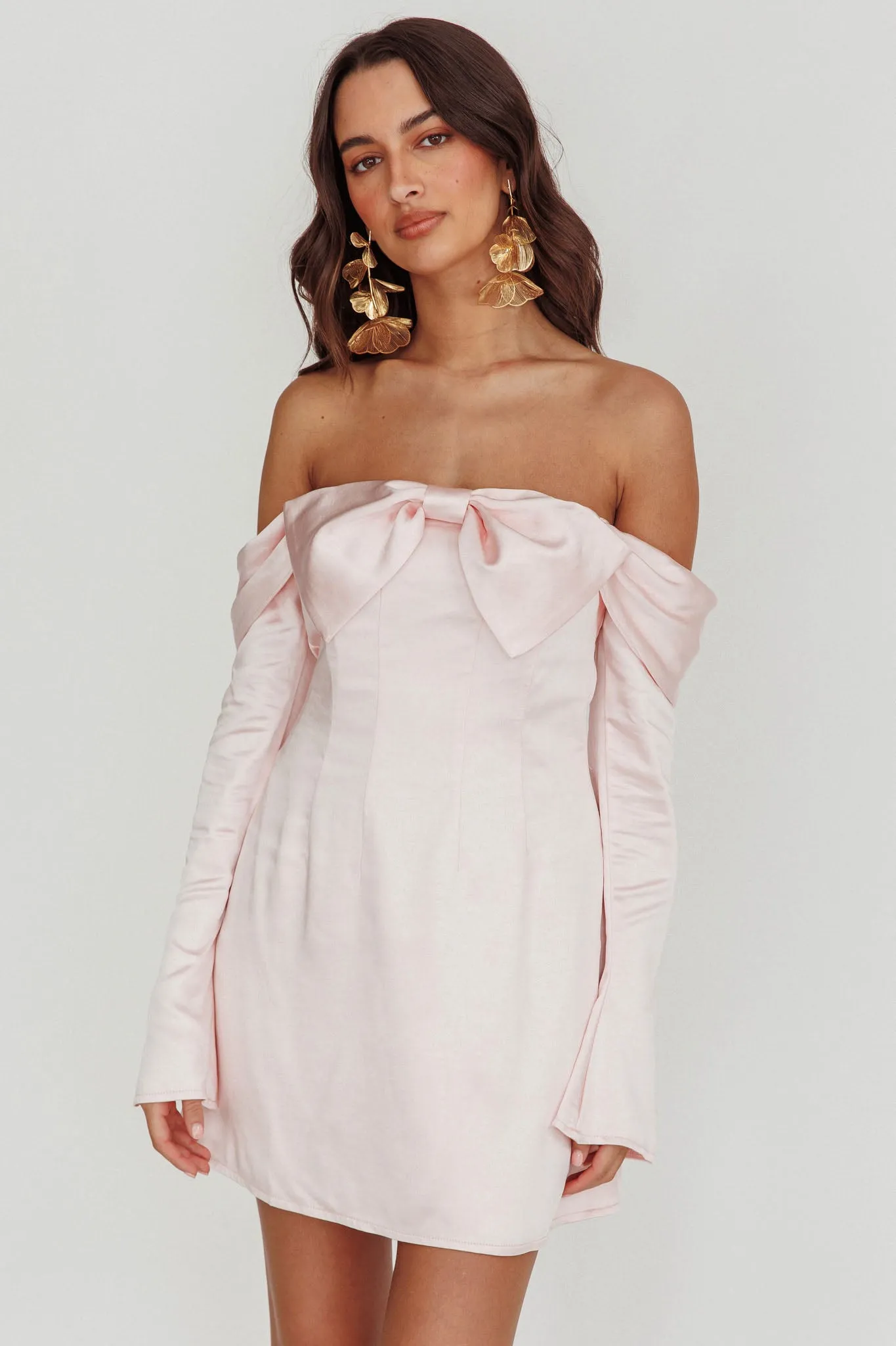Lilith Off Shoulder Bow Mini Dress Blush sold by Selfie Leslie product image thumbnail 5