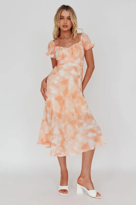 Linka Puff Sleeve Midi Dress Tie-Dye Orange sold by Selfie Leslie