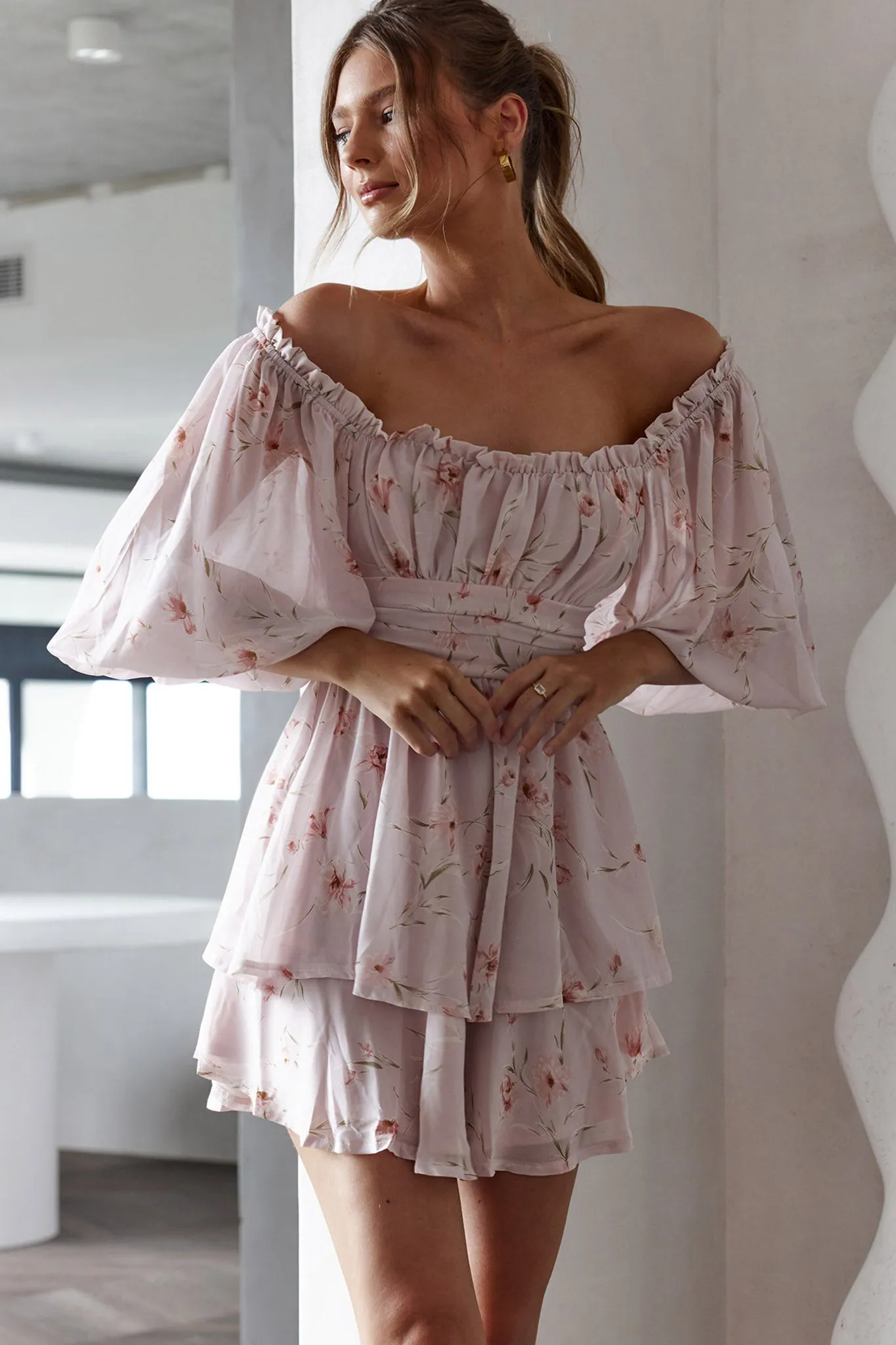 Forever Bloom Off-Shoulder Mini Dress Floral Pink sold by Selfie Leslie