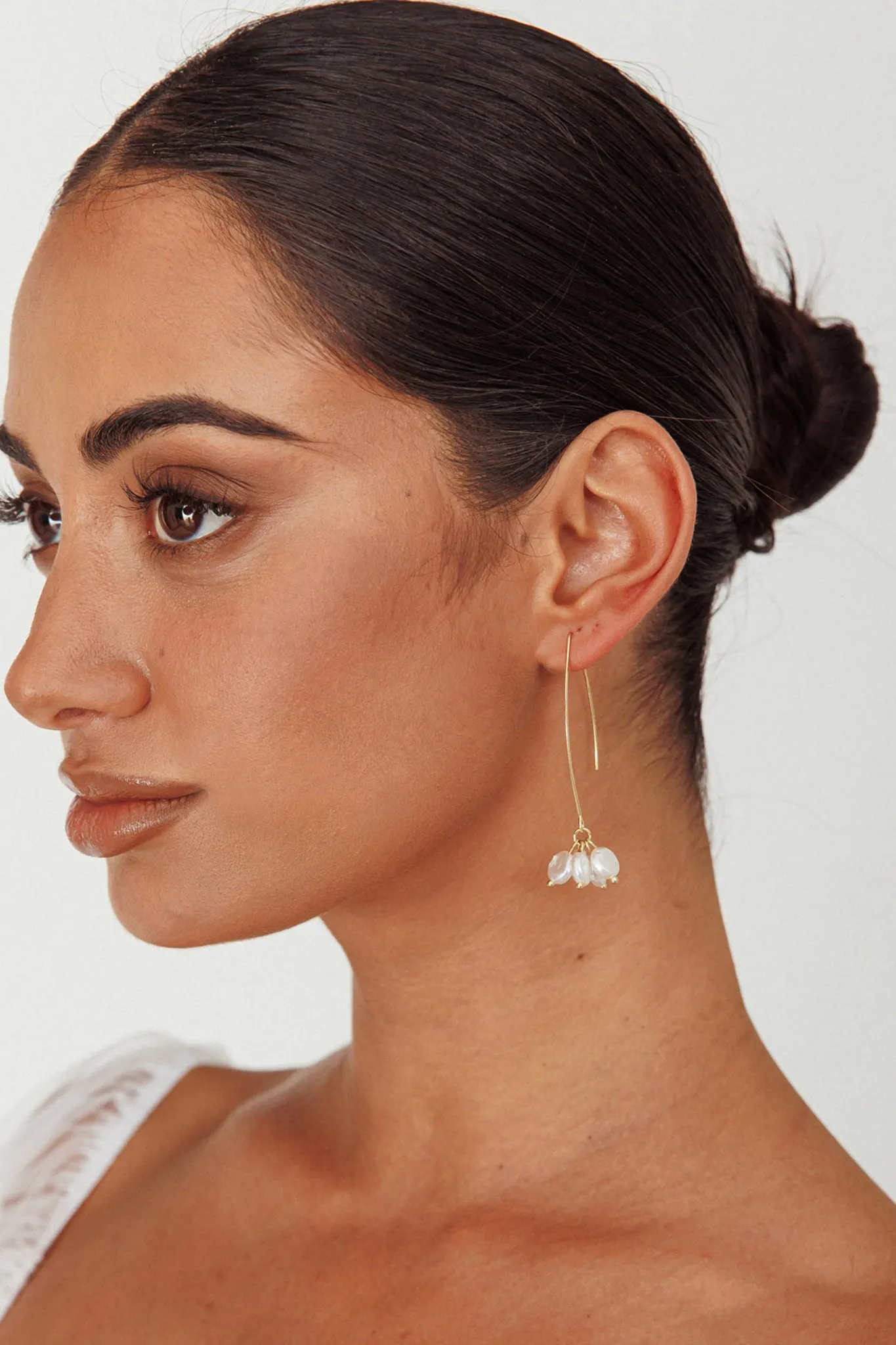 Sarah Pearl Accent Long Hook Earrings Gold sold by Selfie Leslie