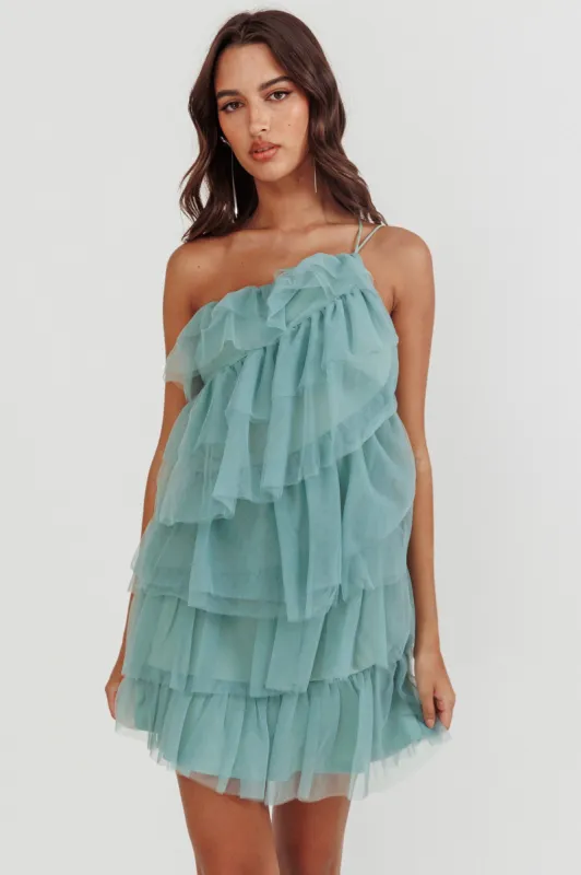 Arrabel Tiered Ruffle Mesh Mini Dress Sage sold by Selfie Leslie