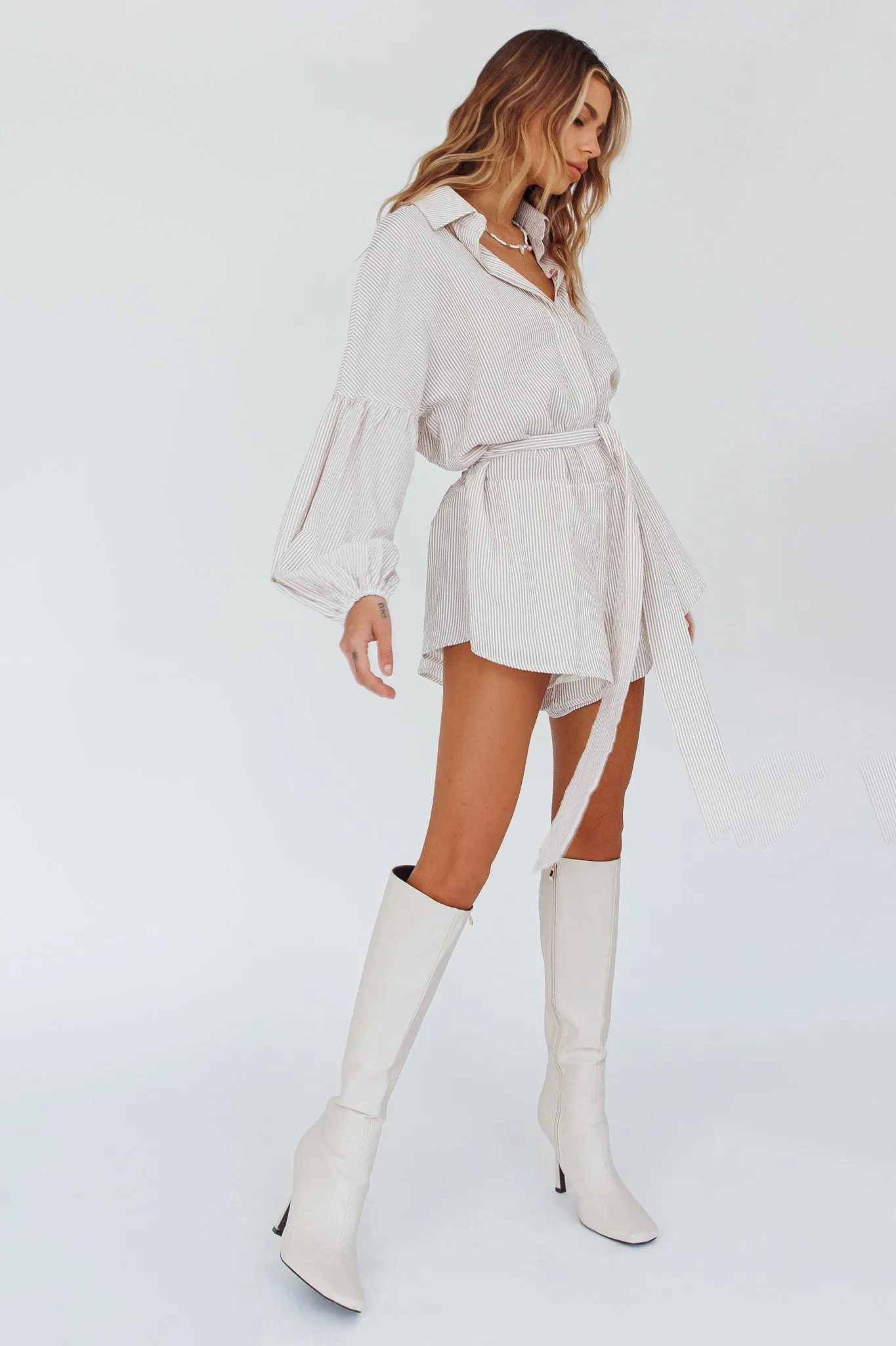 Daytona Beach Long Sleeve Shirt Romper Beige Stripe sold by Selfie Leslie product image thumbnail 3