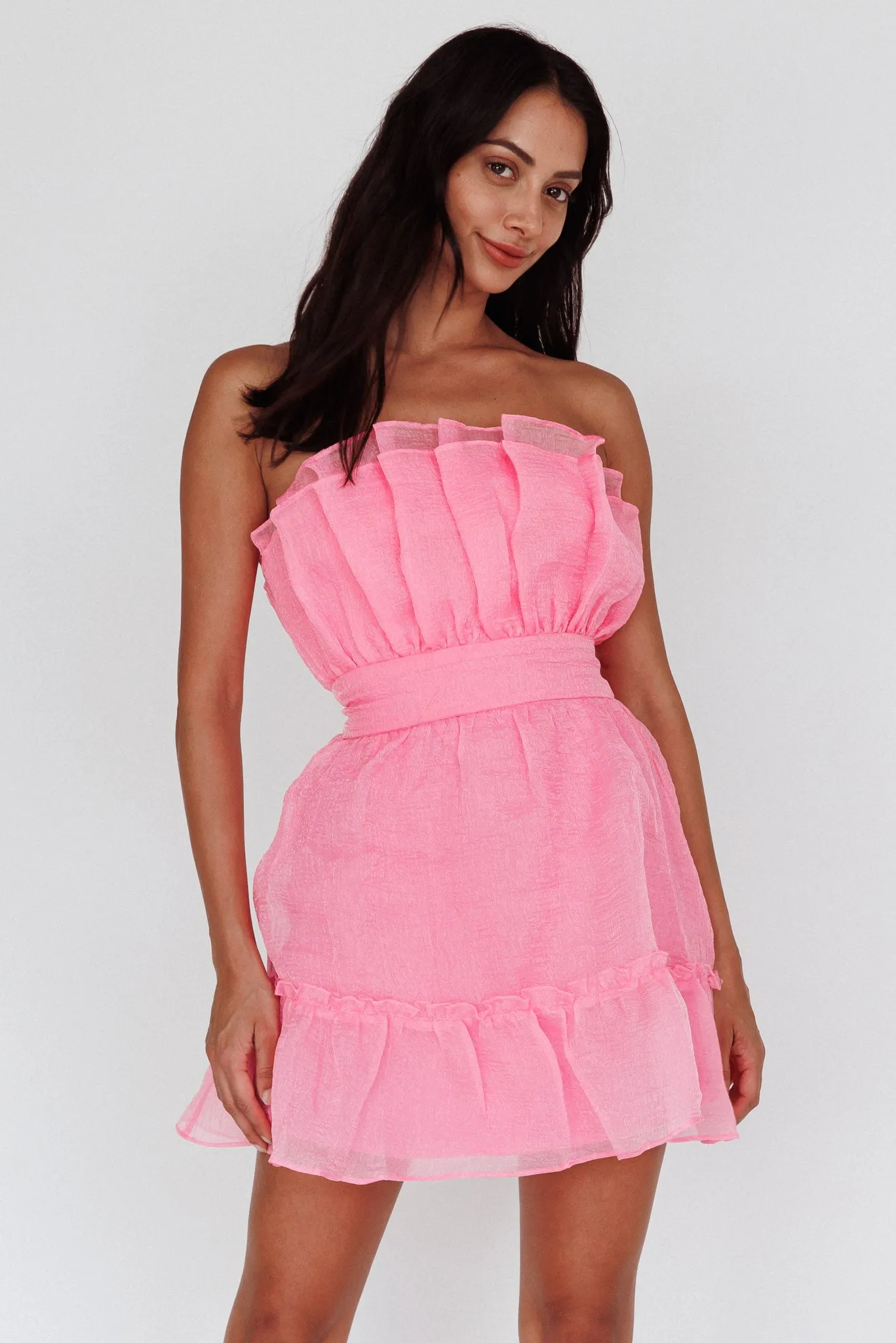 Marisela Strapless Frill Hem Mini Dress Peony Pink sold by Selfie Leslie