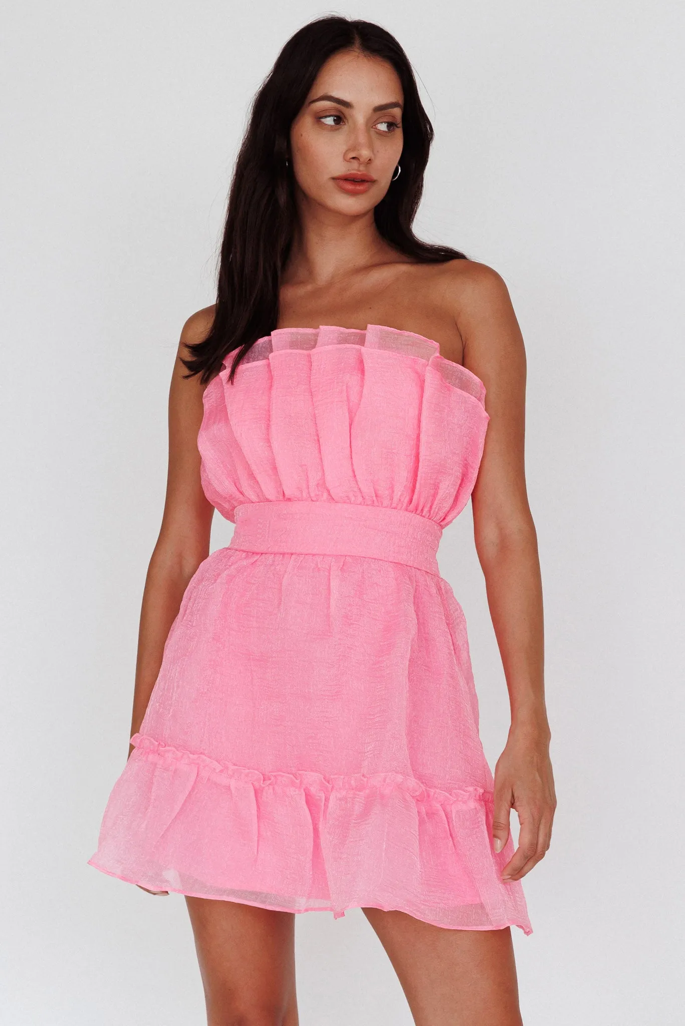Marisela Strapless Frill Hem Mini Dress Peony Pink sold by Selfie Leslie product image thumbnail 5