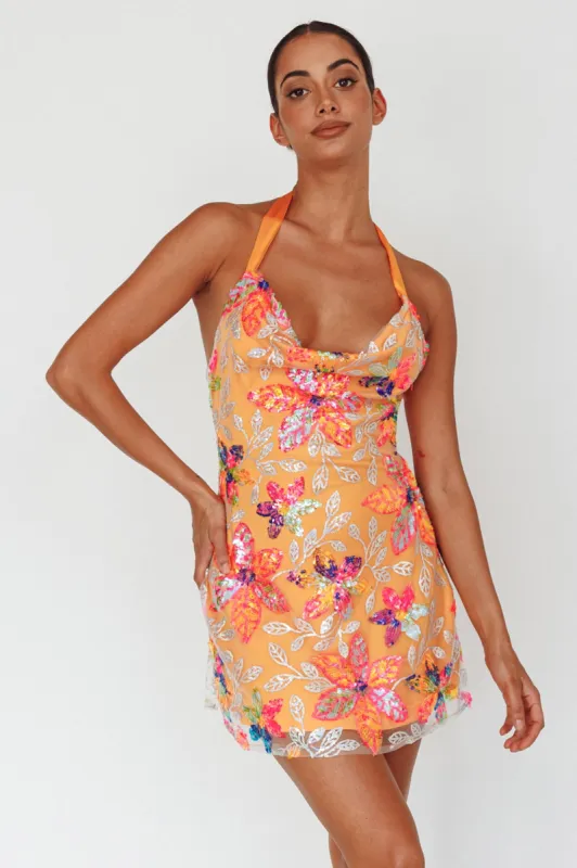 Champagne Showers Halterneck Slip Mini Dress Sequin Floral Orange sold by Selfie Leslie