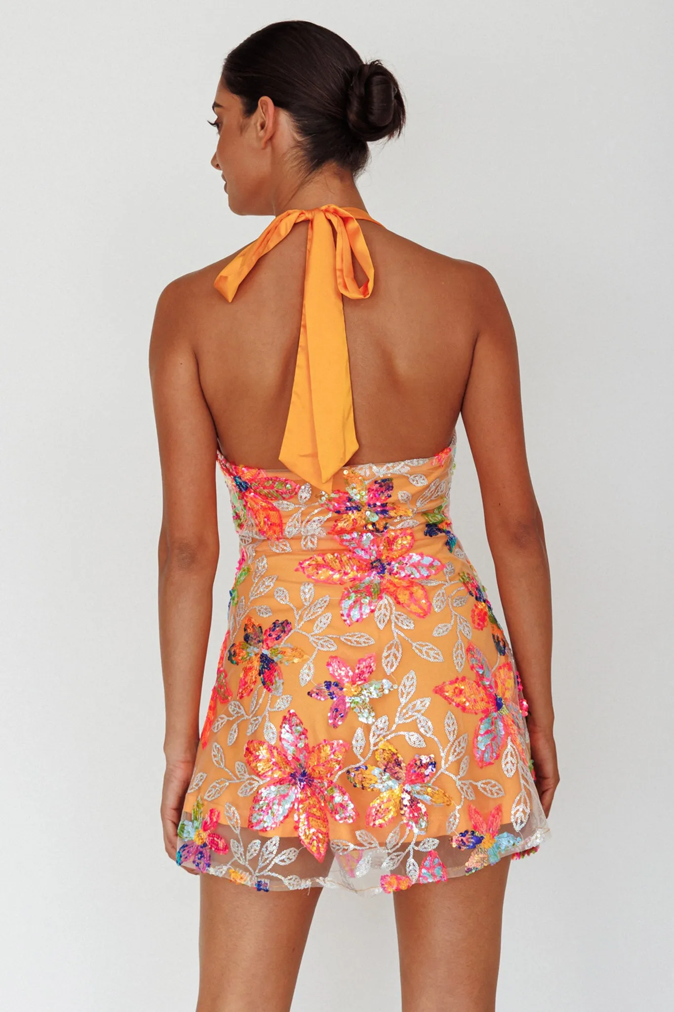 Champagne Showers Halterneck Slip Mini Dress Sequin Floral Orange sold by Selfie Leslie product image thumbnail 2