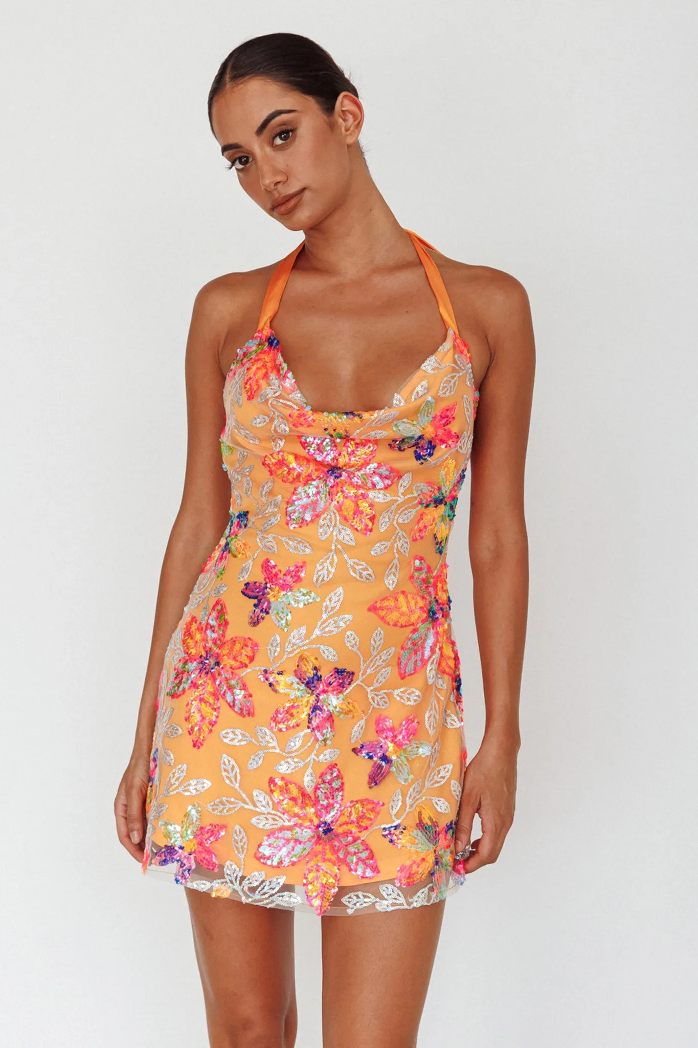 Champagne Showers Halterneck Slip Mini Dress Sequin Floral Orange sold by Selfie Leslie product image thumbnail 5