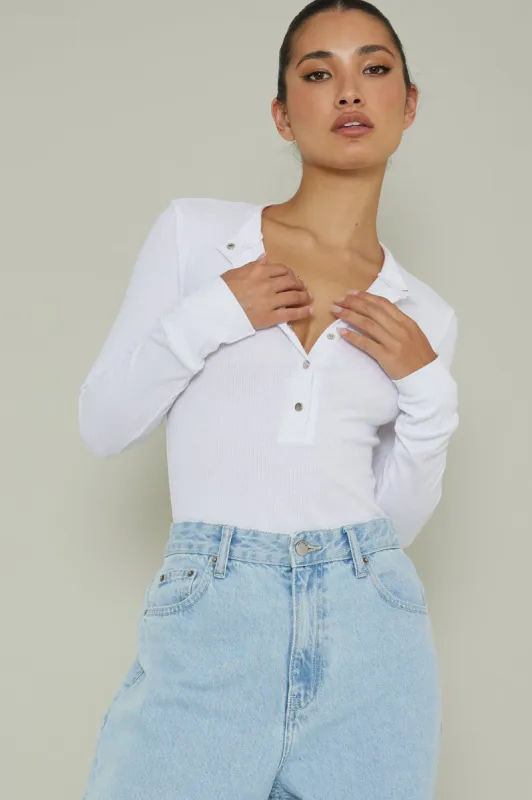 Henley Snap Front Bodysuit White sold by Selfie Leslie