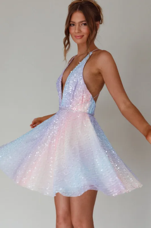 Floating By Plunging Neckline Mini Dress Sequin Rainbow sold by Selfie Leslie