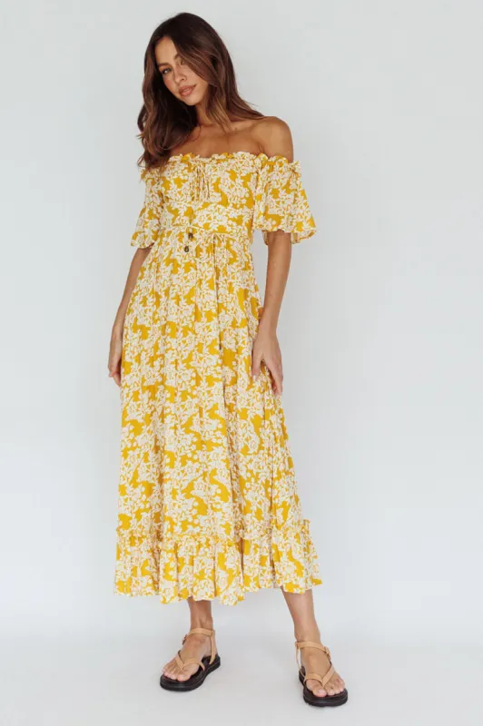 Voyager Off-Shoulder Bell Sleeve Midi Dress Floral Yellow sold by Selfie Leslie