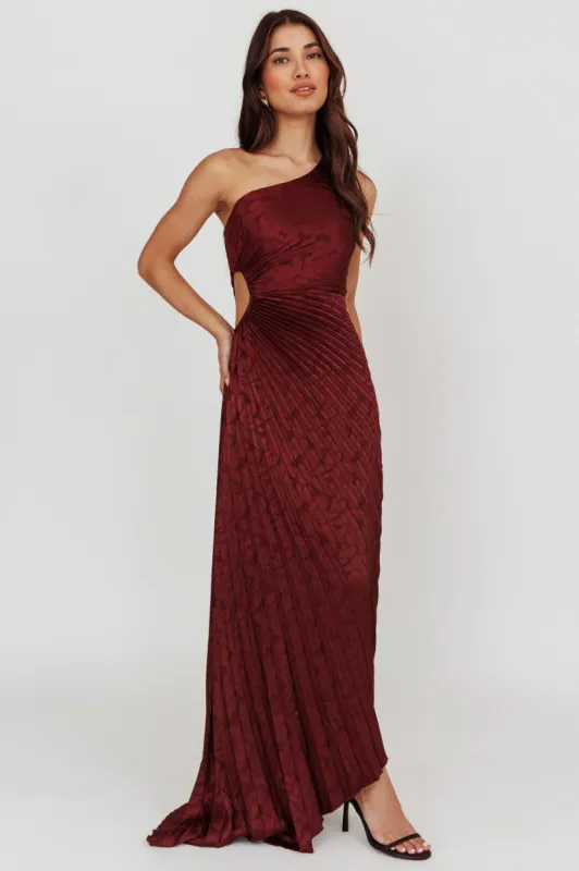 Amelie One-Shoulder Accordion Pleat Maxi Dress Merlot sold by Selfie Leslie