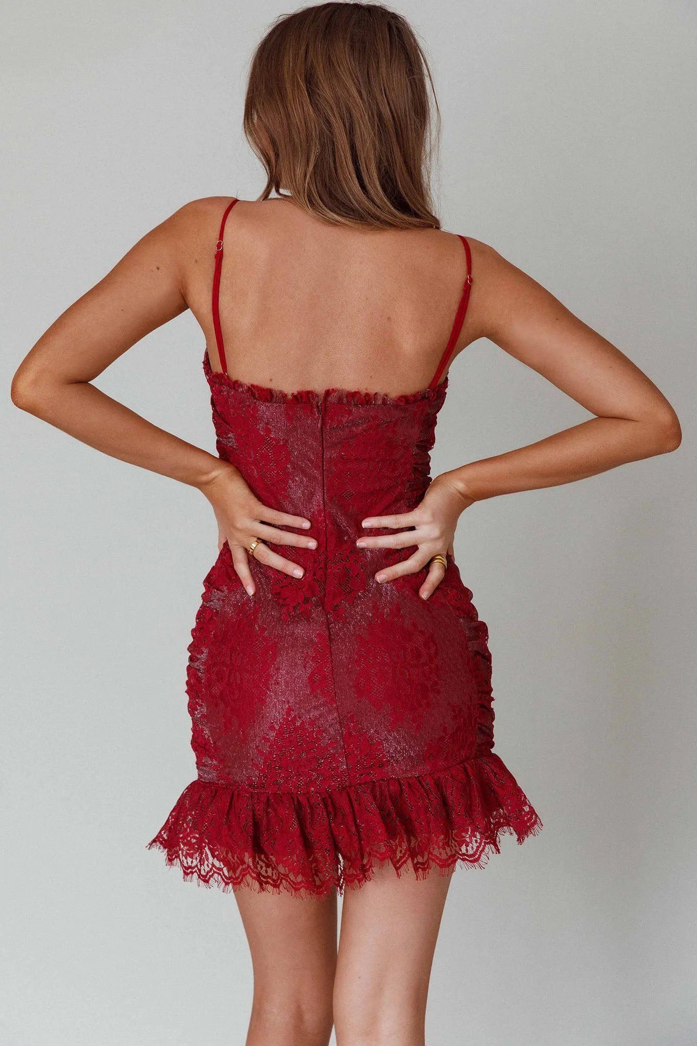 St Tropez Cami Strap Frill Hem Lace Mini Dress Wine sold by Selfie Leslie product image thumbnail 2