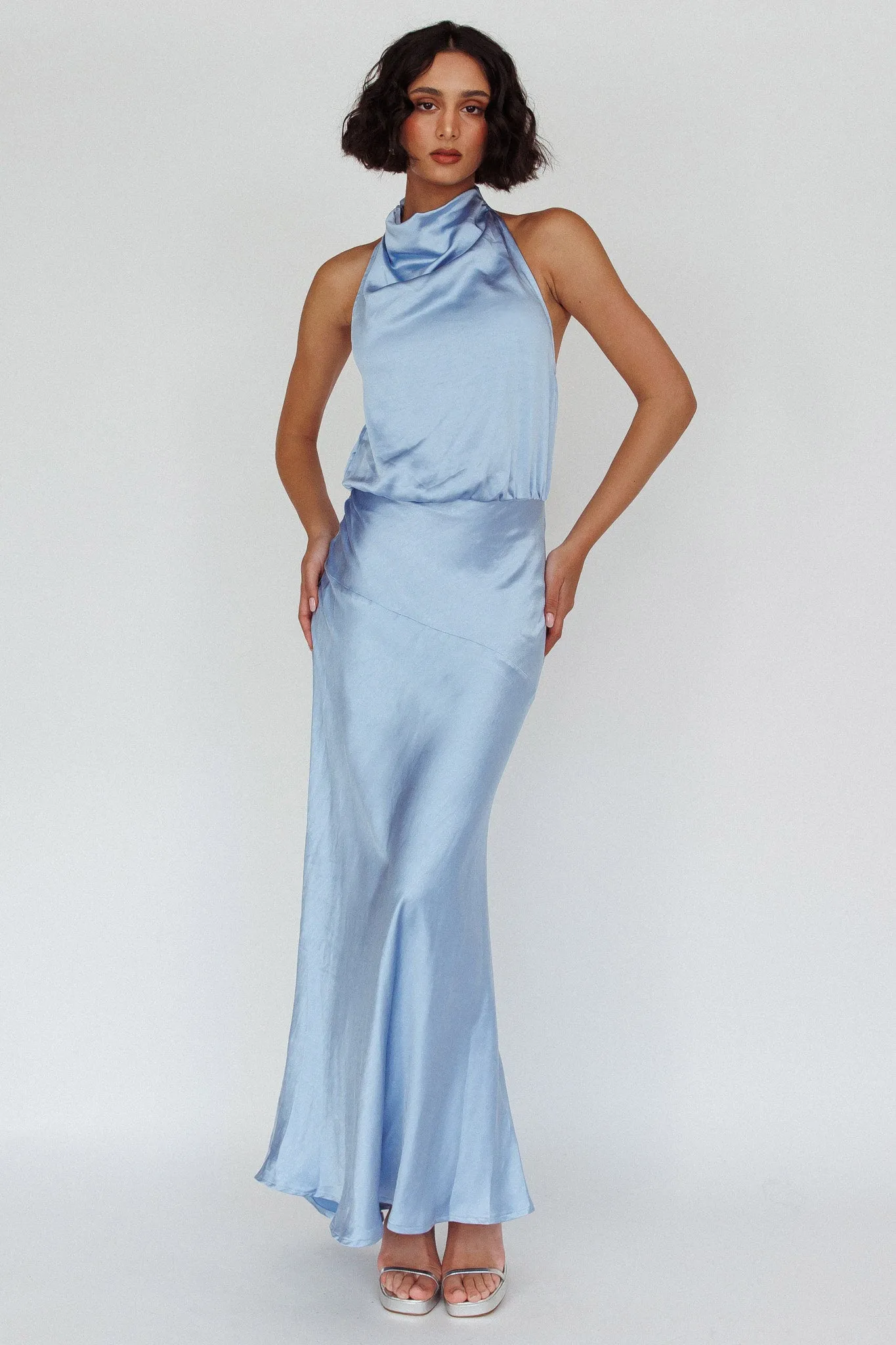 Amalfi Sunset Cowl Halterneck Maxi Dress Sky sold by Selfie Leslie product image thumbnail 3