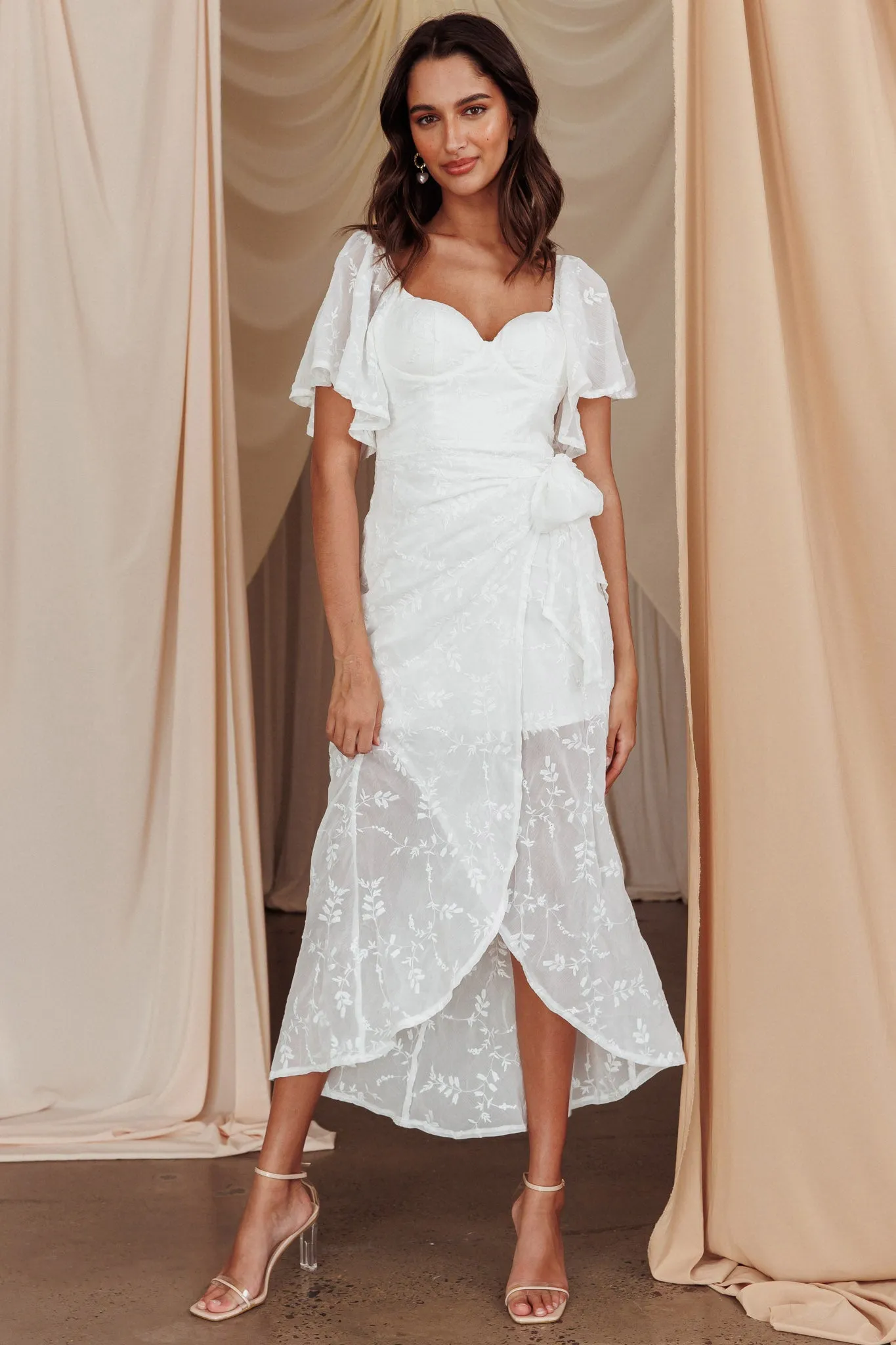 Aphrodite Molded Bust Angel Sleeve Midi Dress Floral White sold by Selfie Leslie