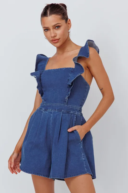 Nola Flared Ruffle Romper Light Denim sold by Selfie Leslie