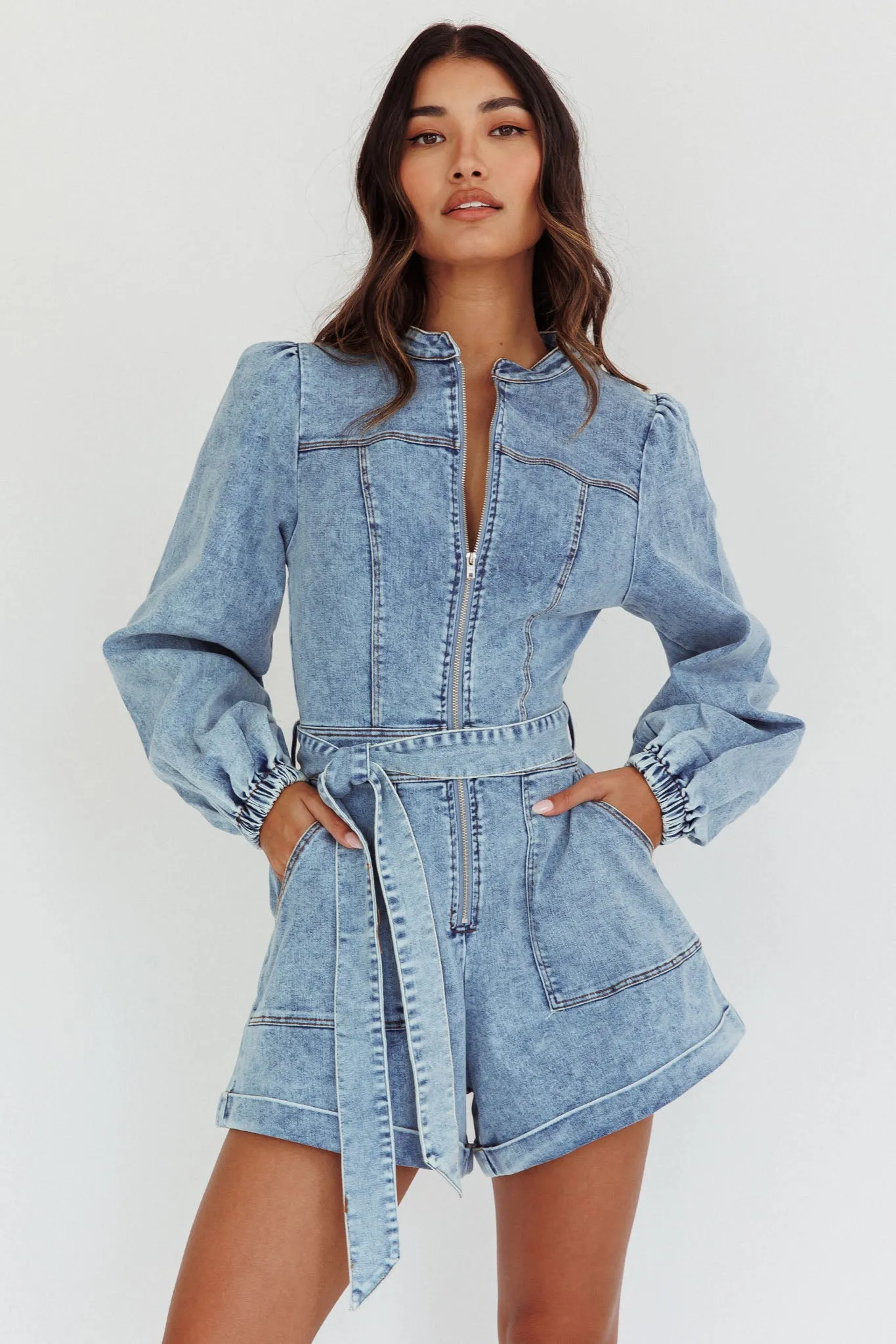 Real World Zip Front Romper Denim Blue sold by Selfie Leslie