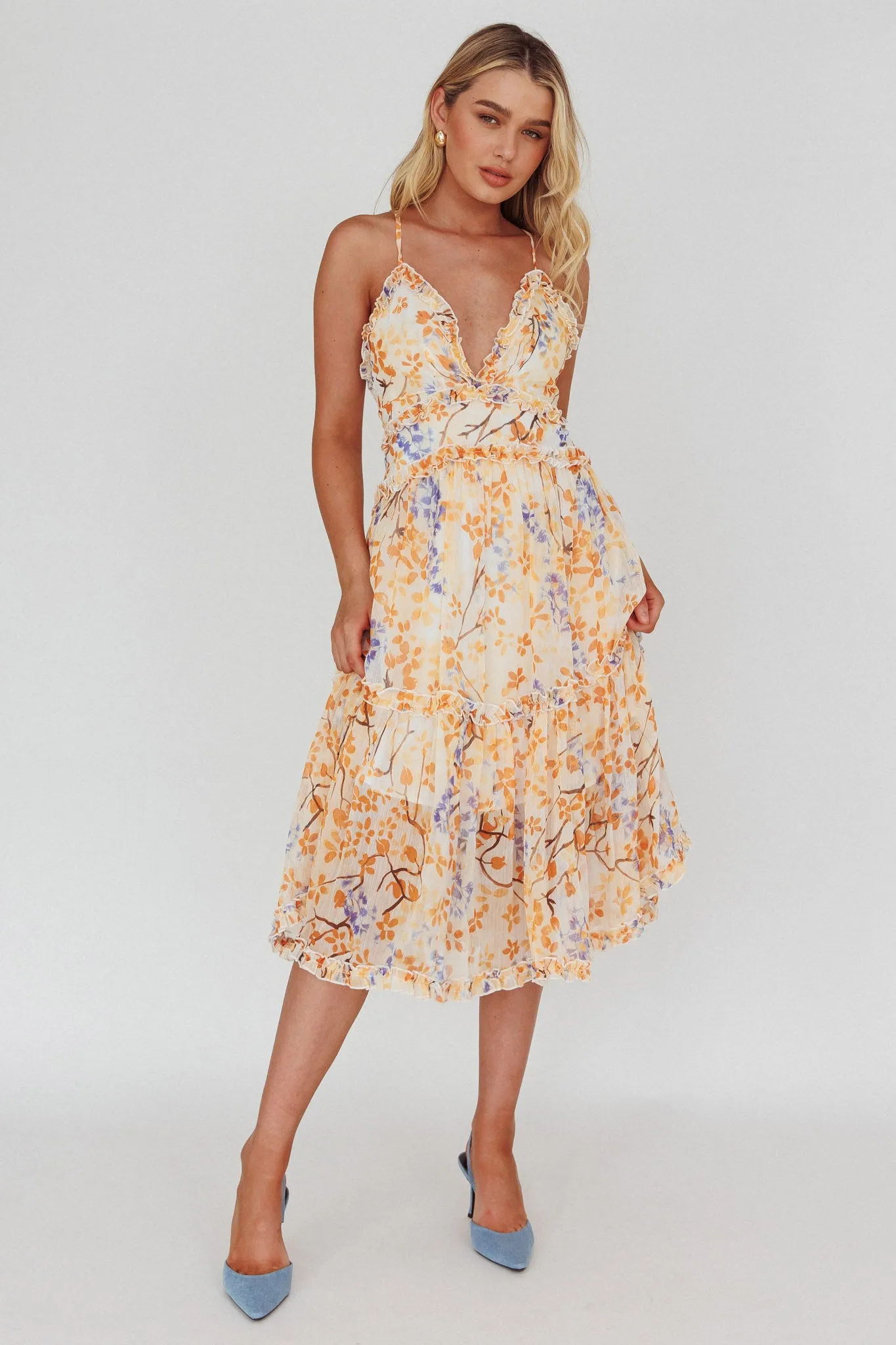 Laney Low Back Cami Strap Midi Dress Floral Orange sold by Selfie Leslie product image thumbnail 3