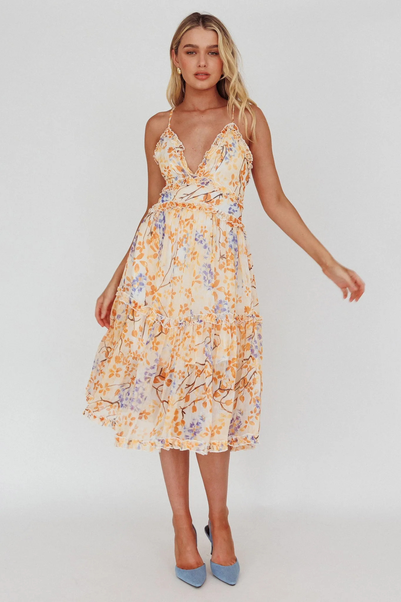 Laney Low Back Cami Strap Midi Dress Floral Orange sold by Selfie Leslie product image thumbnail 5