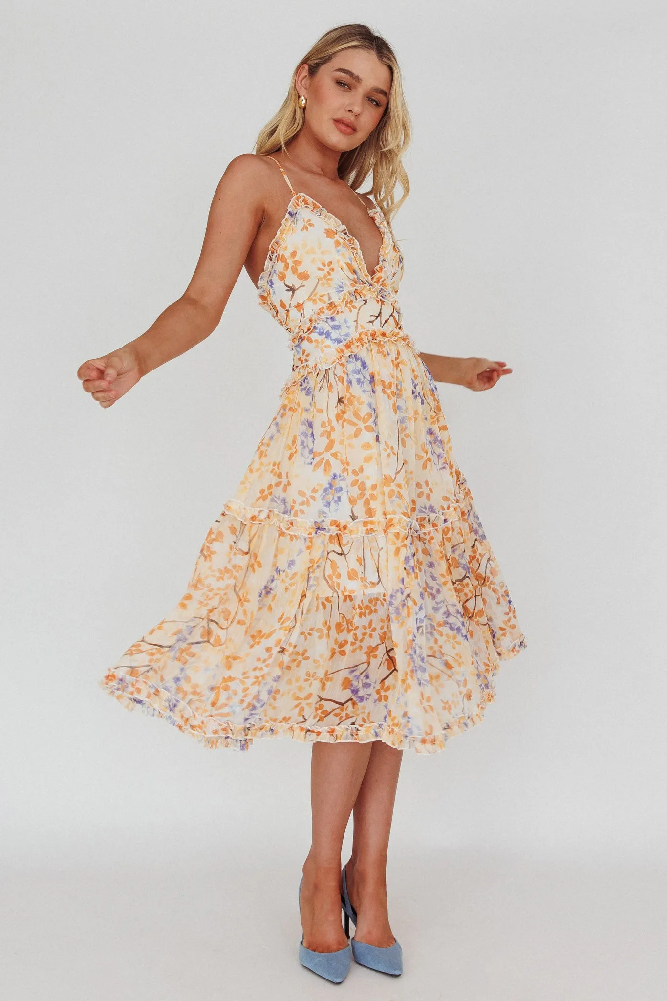 Laney Low Back Cami Strap Midi Dress Floral Orange sold by Selfie Leslie