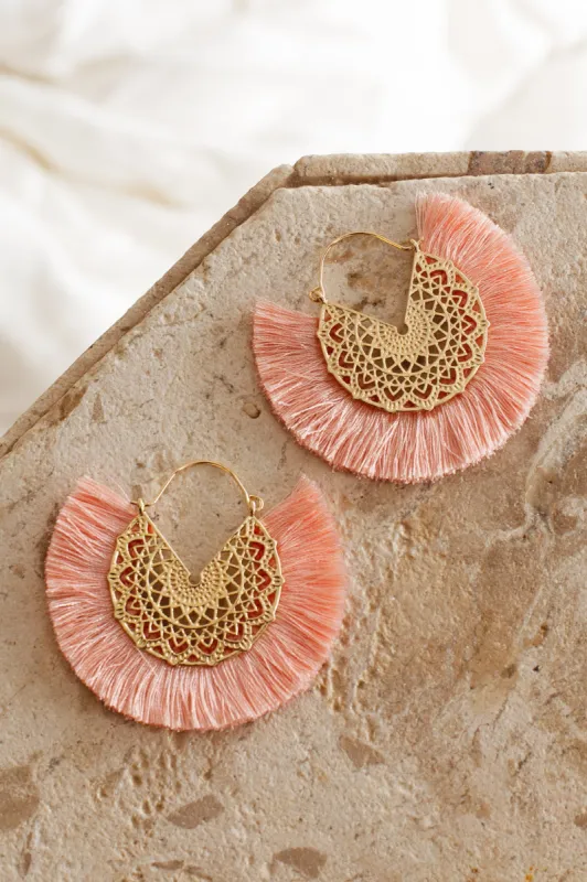 Bali Gold Filigree Fringing Earrings Pink made by Selfie Leslie