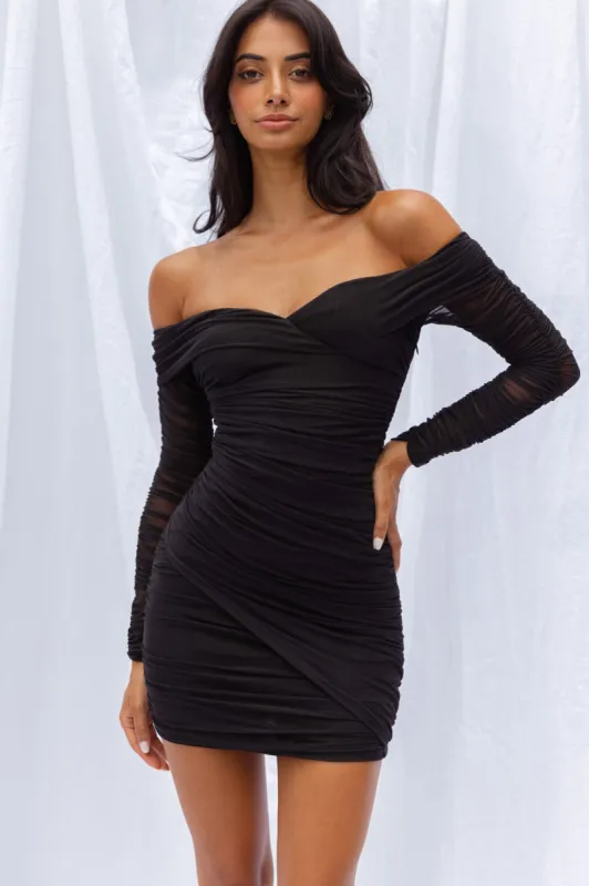 Moonrise Off-Shoulder Crossover Neckline Long Sleeve Ruched Dress Black sold by Selfie Leslie