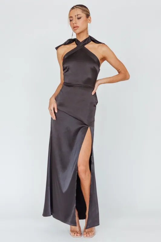 Andria Halterneck Bow Satin Maxi Dress Black sold by Selfie Leslie