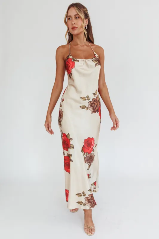Aspen Spring Lace-Up Back Maxi Dress Floral Beige made by Selfie Leslie