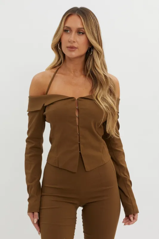 Zuzana Off-Shoulder Halter Top Brown sold by Selfie Leslie