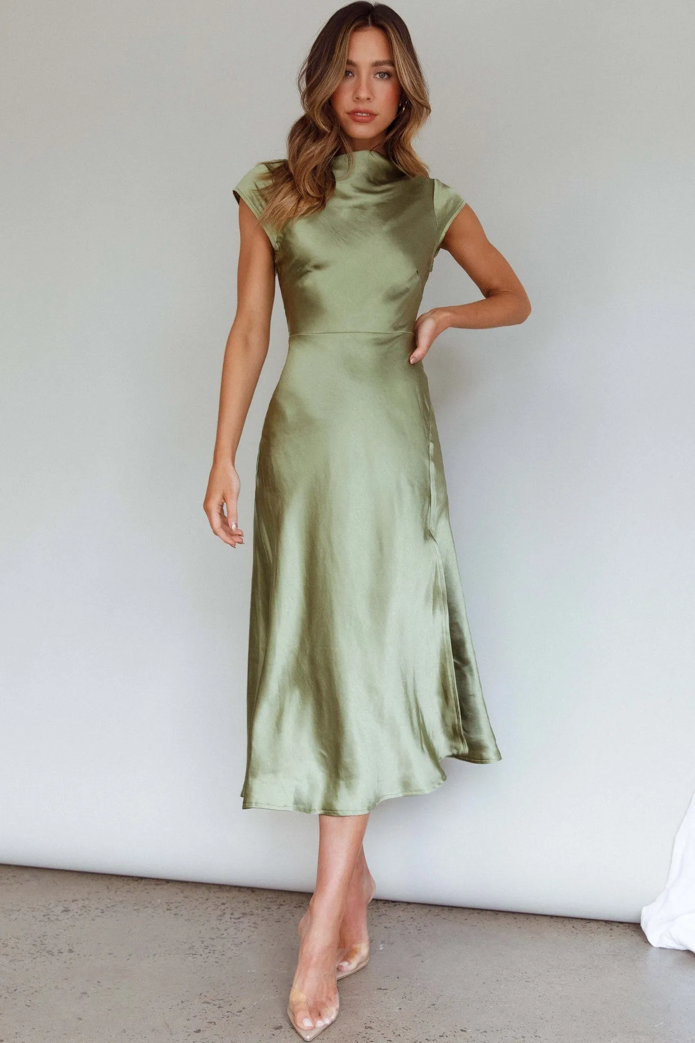Lucinda Twist Back Midi Dress Olive sold by Selfie Leslie