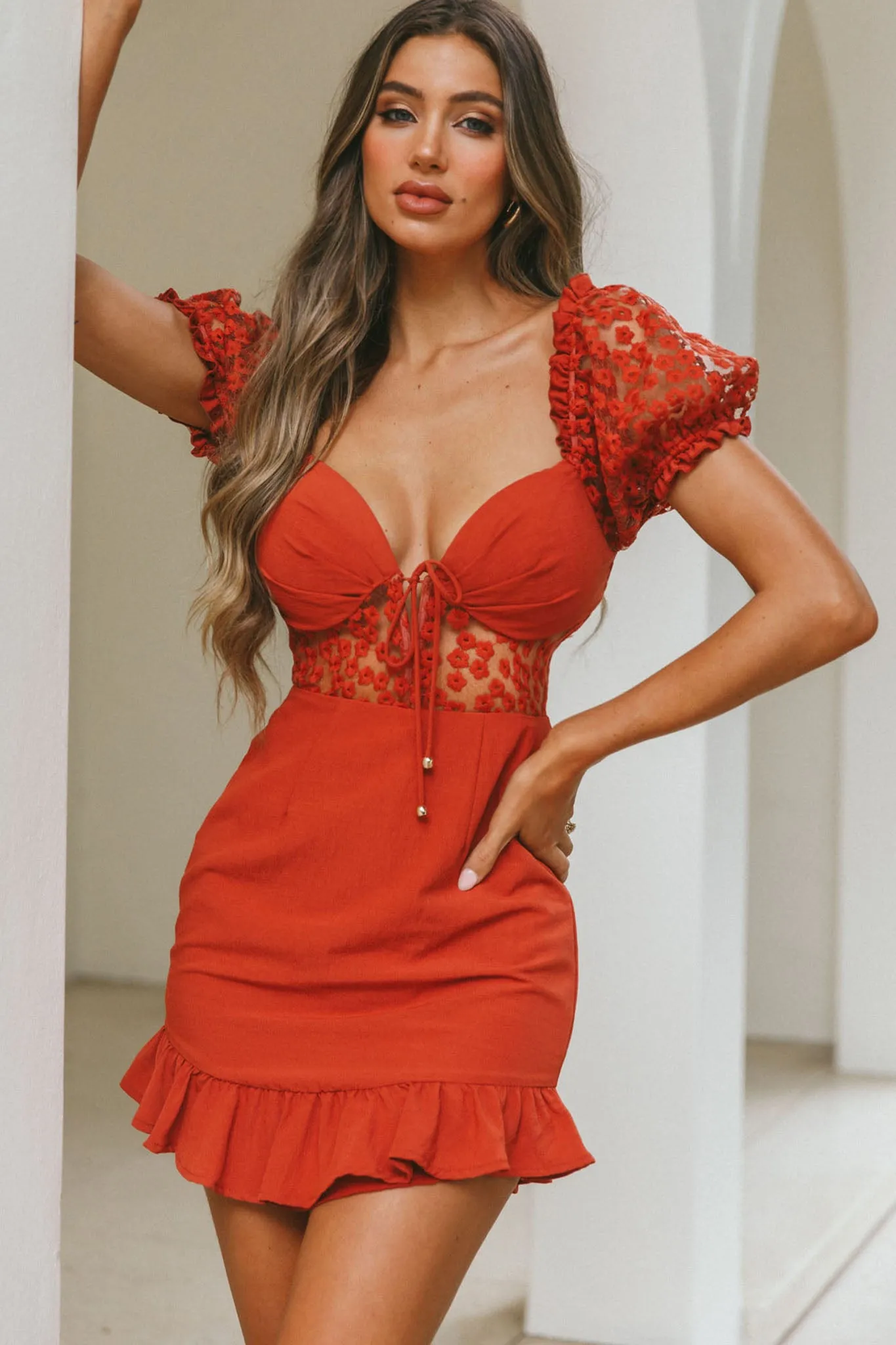 Field Dreams Puff Sleeve Tie-Up Bodice Floral Embroidery Mini Dress Rose sold by Selfie Leslie