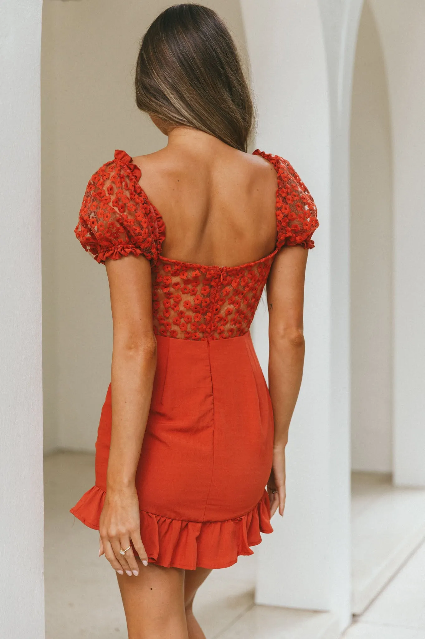 Field Dreams Puff Sleeve Tie-Up Bodice Floral Embroidery Mini Dress Rose sold by Selfie Leslie product image thumbnail 2