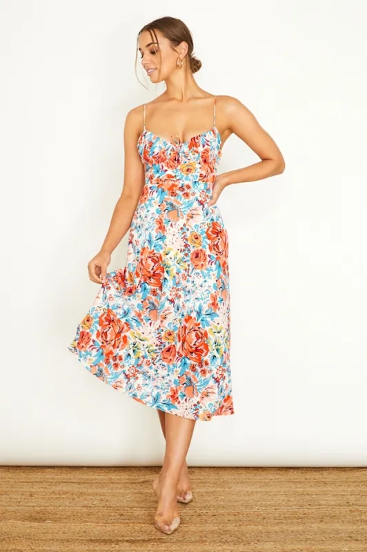 Malibu Gathered Bust Cami Strap Midi Dress Floral Orange sold by Selfie Leslie