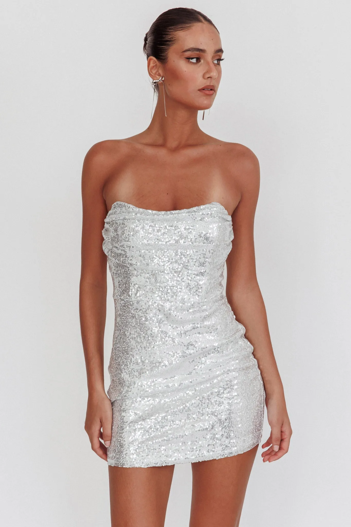 She Slays Strapless Sequin Dress Silver sold by Selfie Leslie