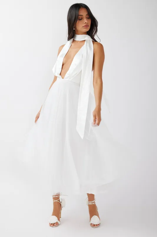 Darci Plunging Neckline Tulle Midi Dress White sold by Selfie Leslie