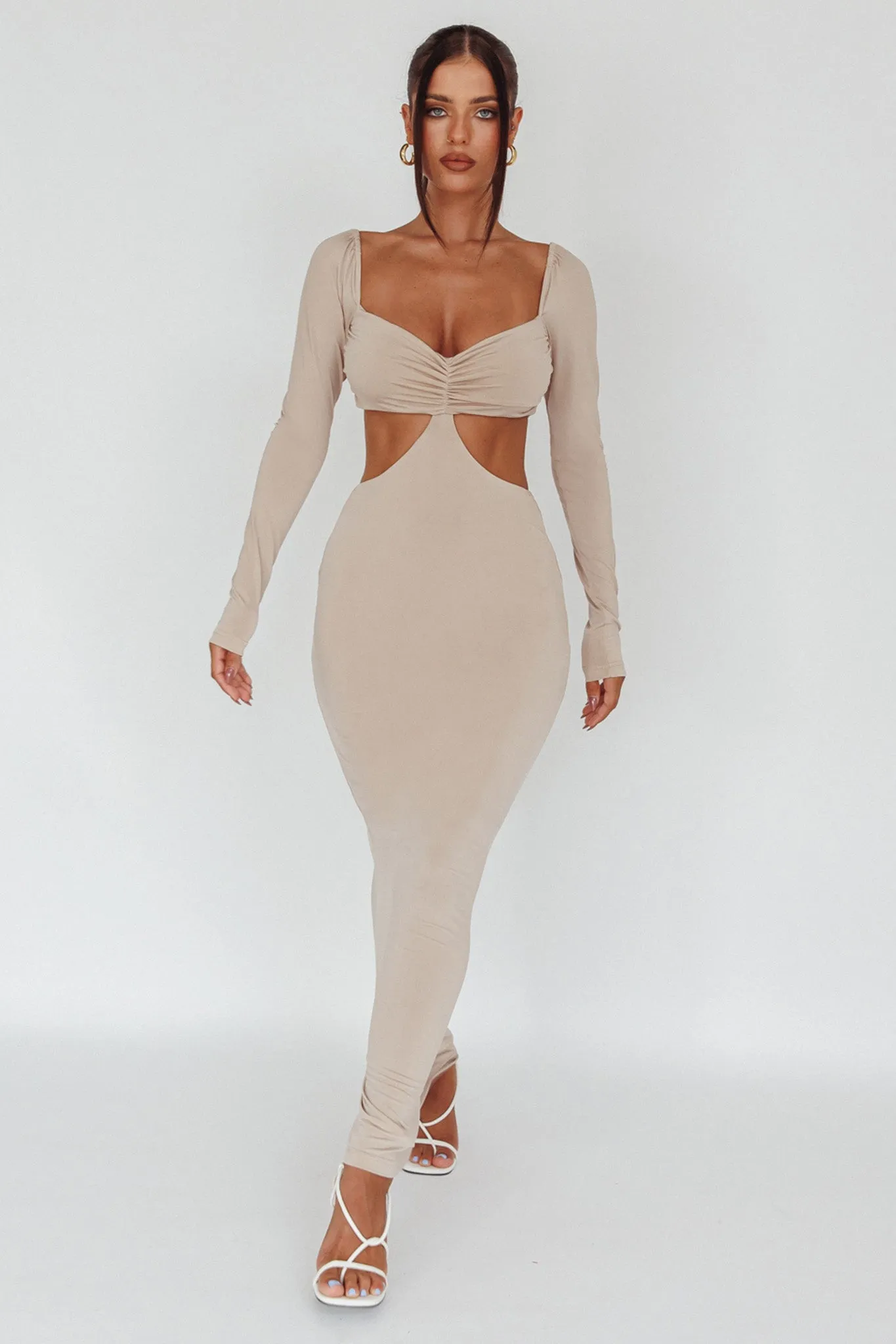 Vienna Long Sleeve Cut-Out Waist Maxi Dress Oat sold by Selfie Leslie product image thumbnail 5
