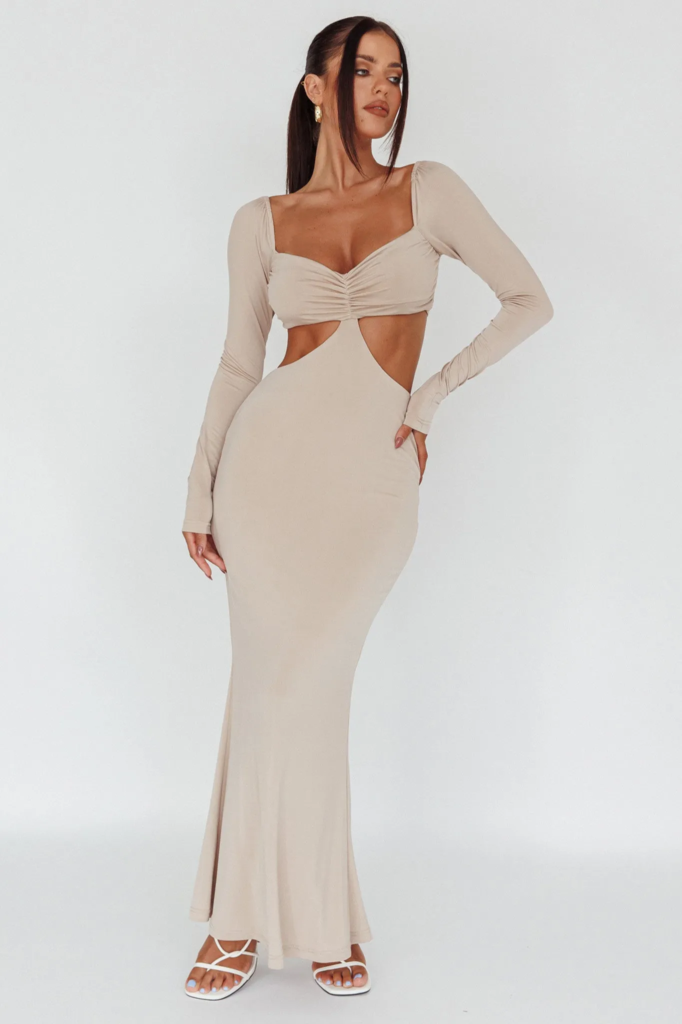 Vienna Long Sleeve Cut-Out Waist Maxi Dress Oat sold by Selfie Leslie product image thumbnail 3